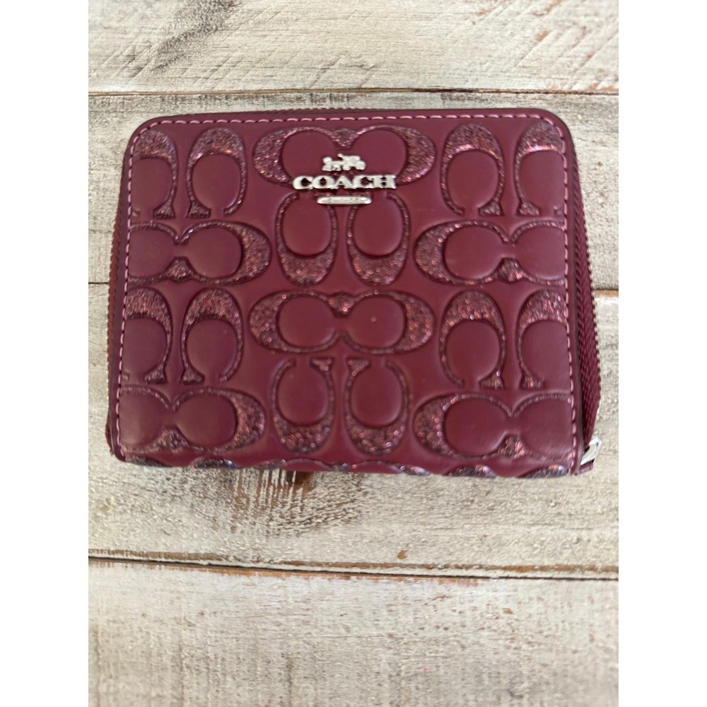 Coach Burgundy Signature C Glitter Embossed Leather Small Zip Around Wallet